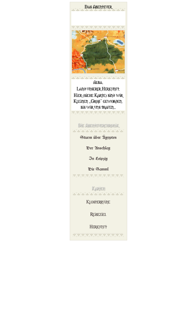 Das Abenteuer

￼



￼
￼

￼
Alba, 
Land unserer Herkunft. 
Hier (siehe Karte) sind wir Kleinen „Groß” geworden, bis wir uns trafen...

￼

￼